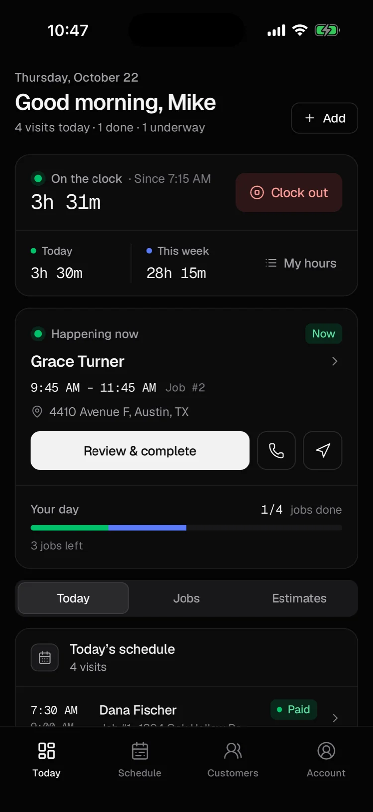 The Craft Operator iPhone app's Today screen: on the clock, the visit underway, and the day's schedule.