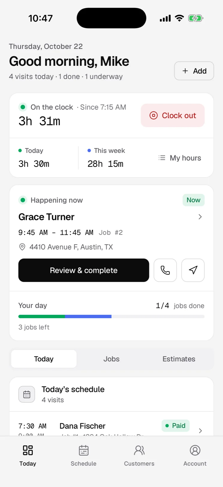 The Craft Operator iPhone app's Today screen: on the clock, the visit underway, and the day's schedule.